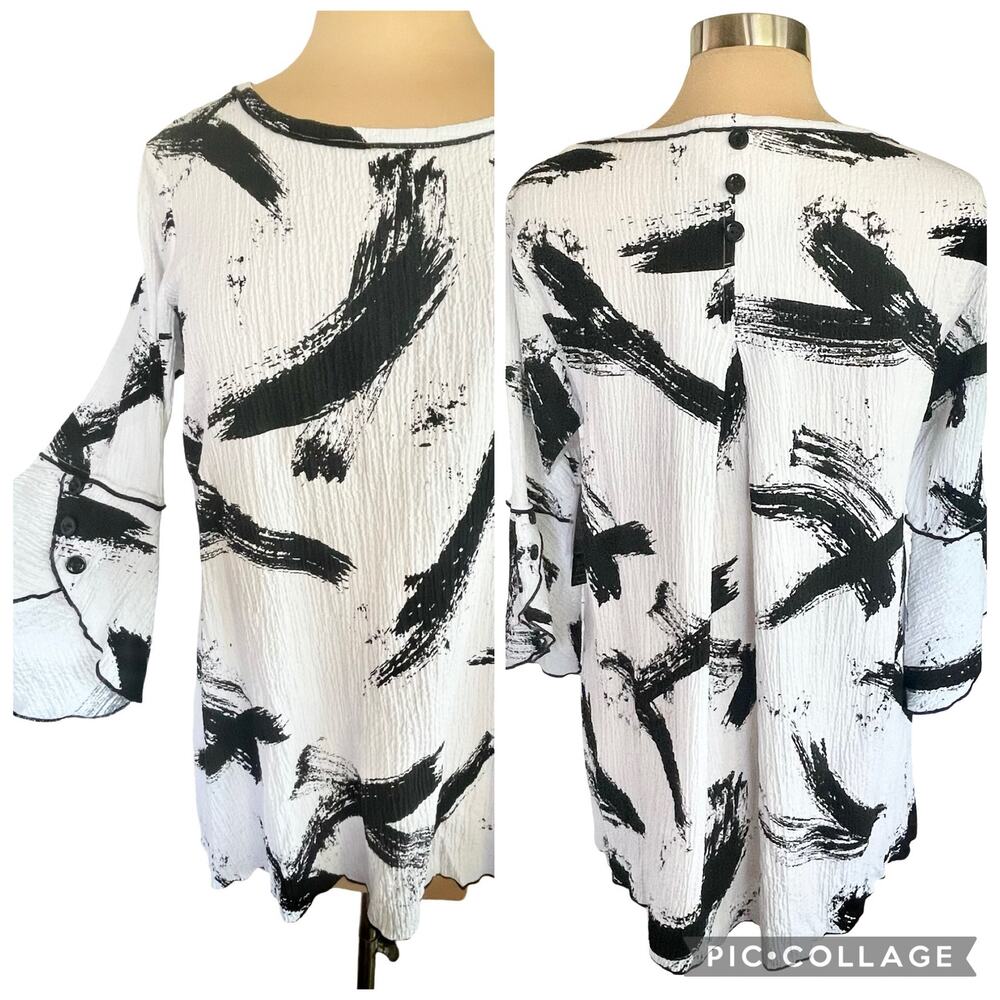 Ali Miles Lagenlook Crinkle Gauze Top Sz S Artsy Abstract Brush Stroke Boho Chic